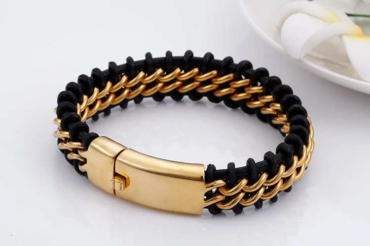 TrustyLan золотой цвет браслет из кожи и нержавеющей стали для мужчин 18 мм ширина мужские кожаные браслеты, бижутерия браслет дропшиппинг подарок