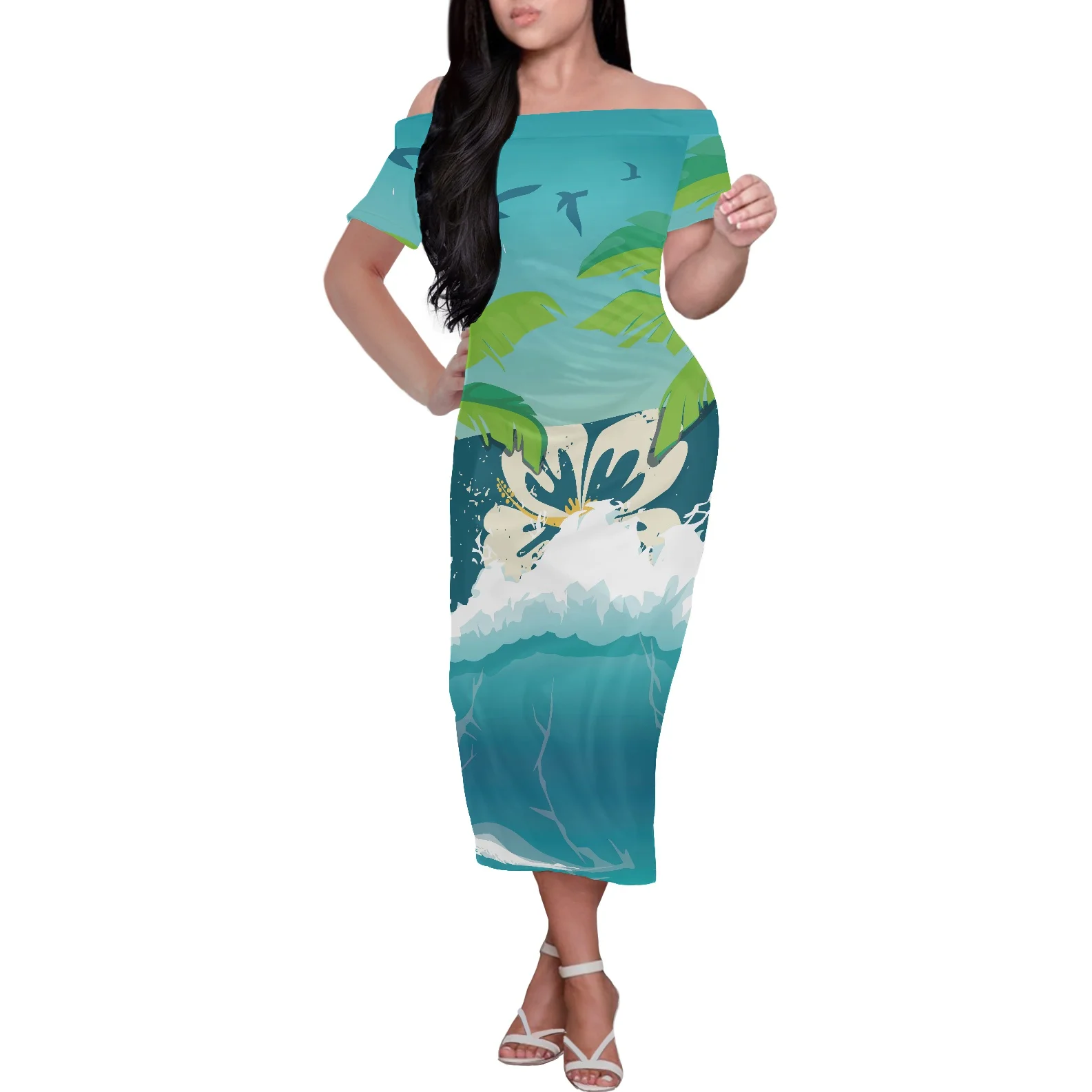 

Women 2022 Off Shoulder Dresses Polynesia Hawaii Samoa Tribal Style Sexy Summer Bodycon Short Sleeve Tight Midi Pencil Dress