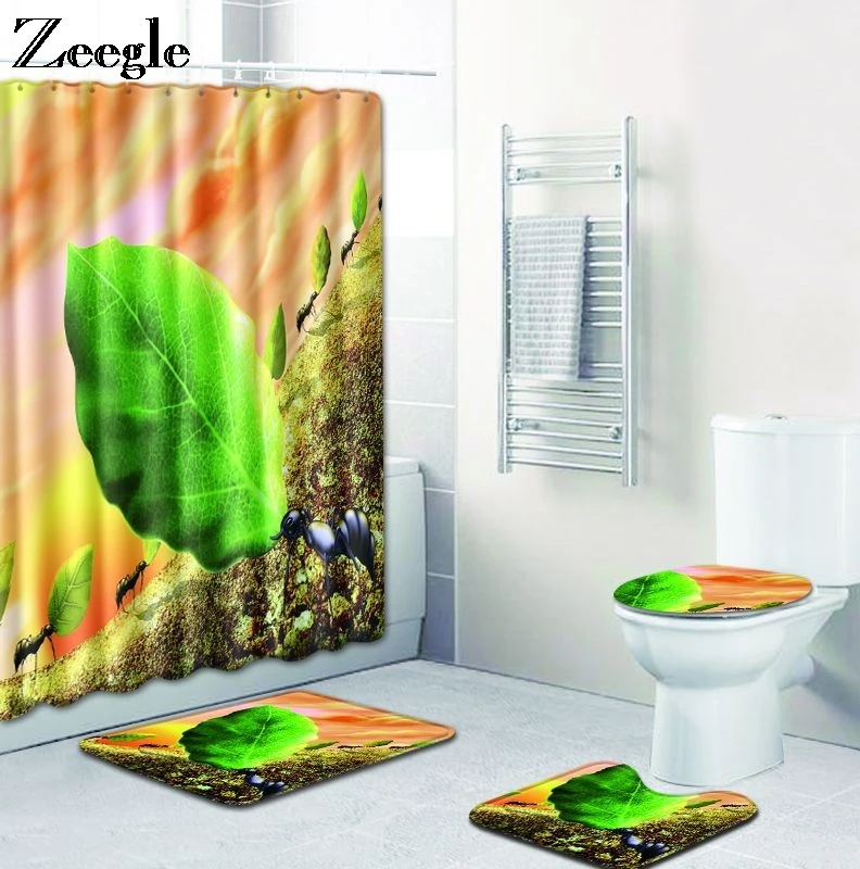 Bath Mat Set with Curtain Anti Slip Bathroom Doormat Modern Soft Mat Toilet Decor Washable Toilet Pedestal Rug 4pcs Toilet Set