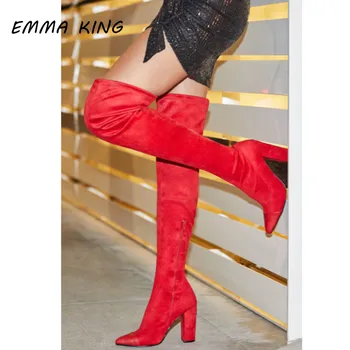 

Red Suede Over Knee Boots Women Pointed Toe Chunky High Heels Long Boots Side Zip Stretch Slim Slender Ladies Shoes Sexy Boots