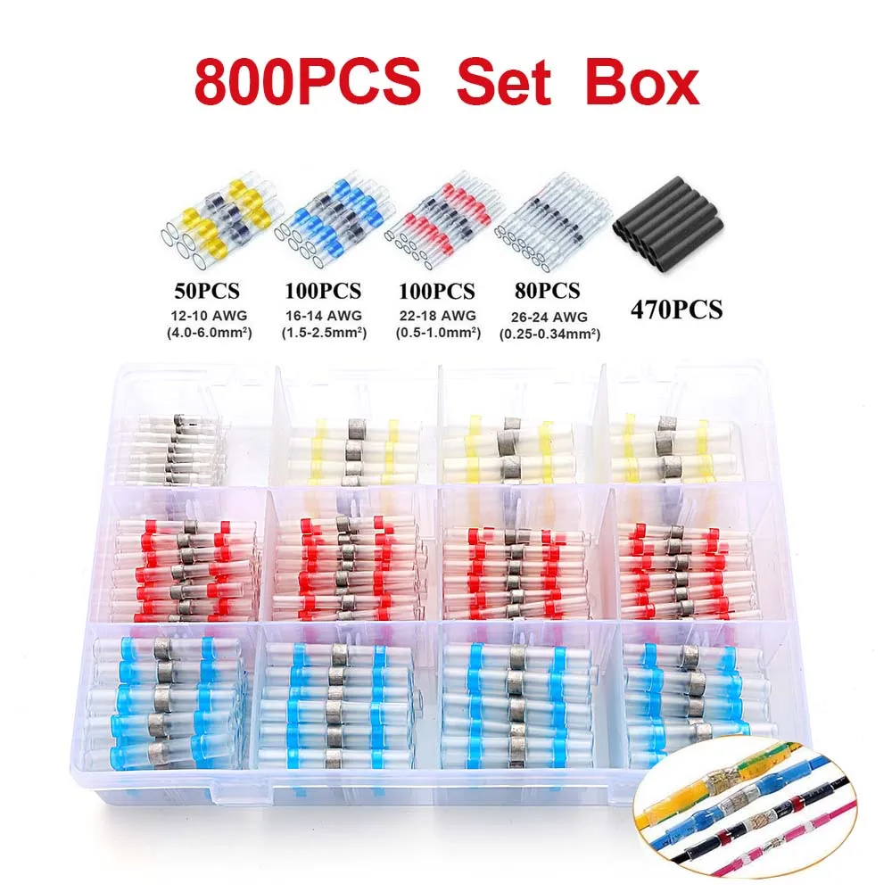 800/300/250Pcs Heat Shrink Butt Crimp Terminals Waterproof Solder Seal Electrical Butt Connectors Wire Cable Splice Terminal Kit
