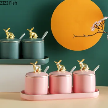 

Rabbit Shape Ceramics Condiment Bottles with Tray and Spoon Kitchen Seasoning Salt Oil Container Home Paprika Storage Box