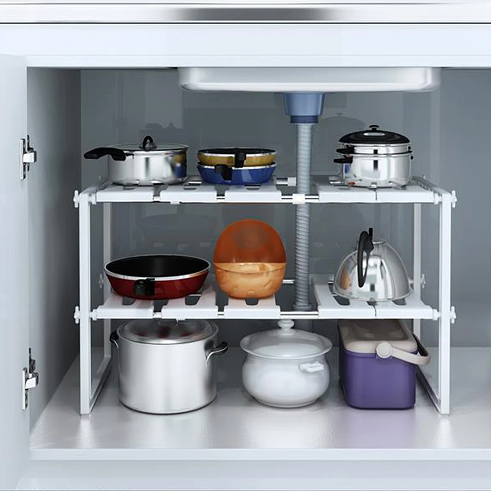 

Adjustable Kitchen Storage Organize Rack Stainless Steel Multi-functional Double Layer Kitchen Under Sink Storage Rack Shelf