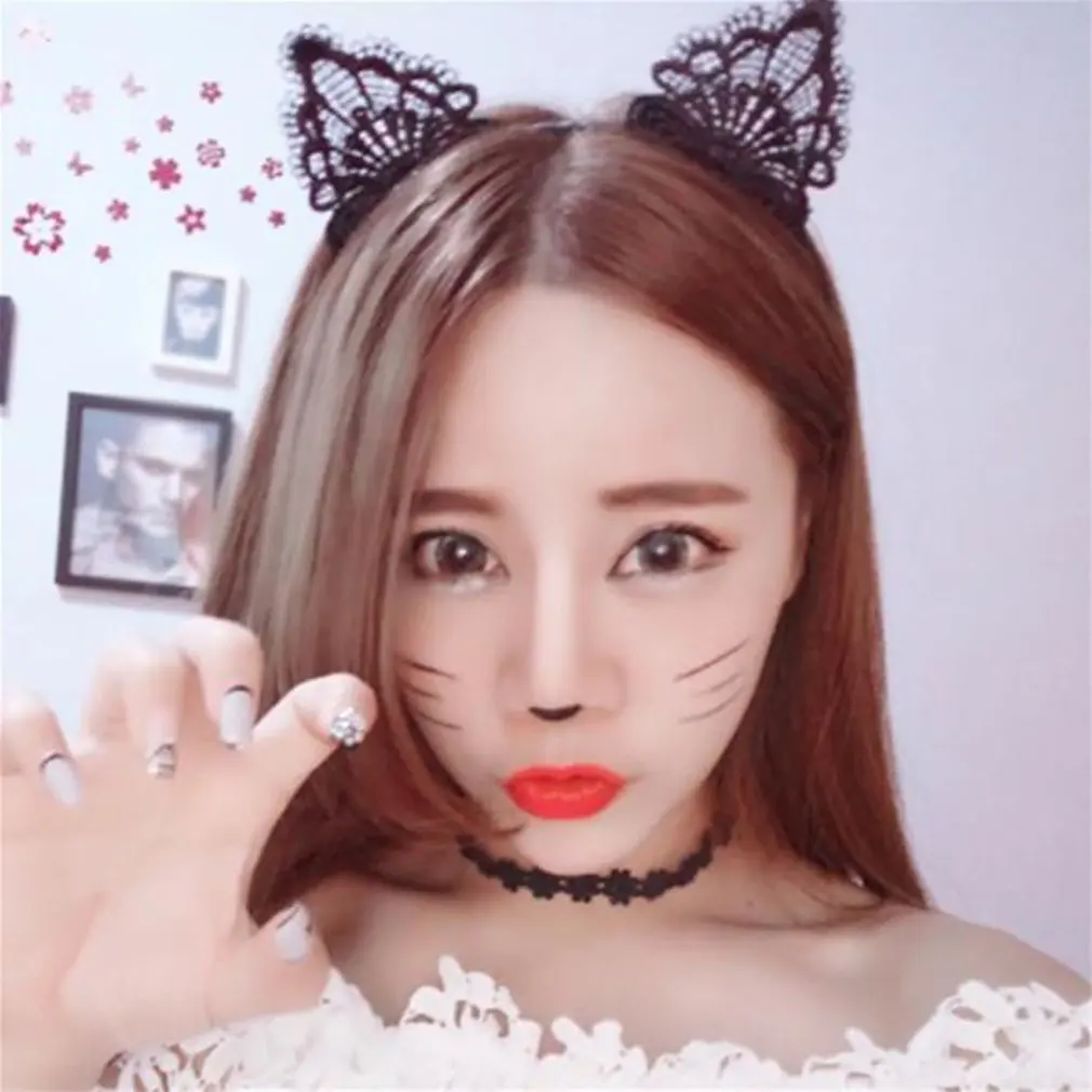 Корейская женская Милая Кружевная повязка на голову с кошачьими ушками, кроличьими ушками, накладная повязка на голову, аксессуары для волос