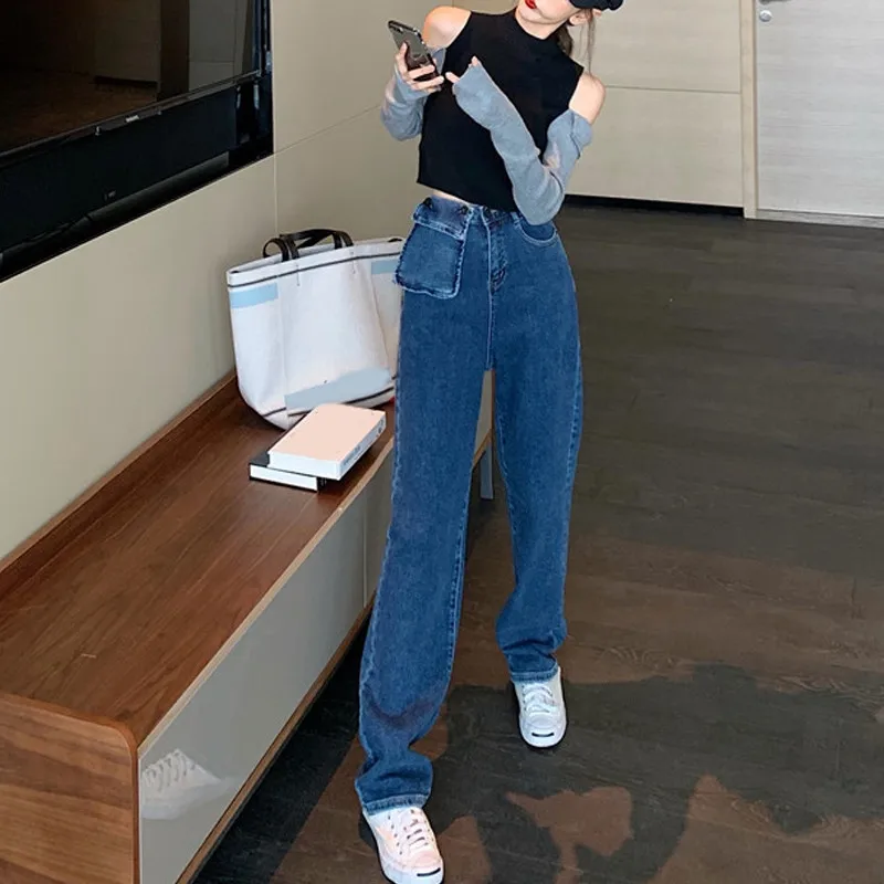 blue pants RealShe/женские джинсы с высокой талией, однотонные брюки с карманами для женщин, свободные Deans Femme Taille Haute, весенние женские брюки - Цвет: blue pants