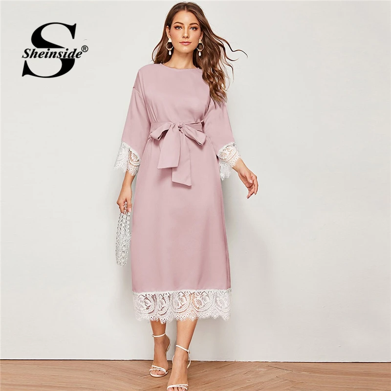 

Sheinside Casual Contrast Lace Sleeve Midi Dress Women 2019 Autumn 3/4 Sleeve Straight Dresses Ladies Pink Belted Dress
