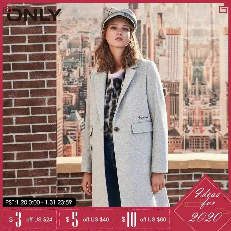 incredible  ONLY Winter wool Long Coat embroidery letter Jacket Clothes  11834S540