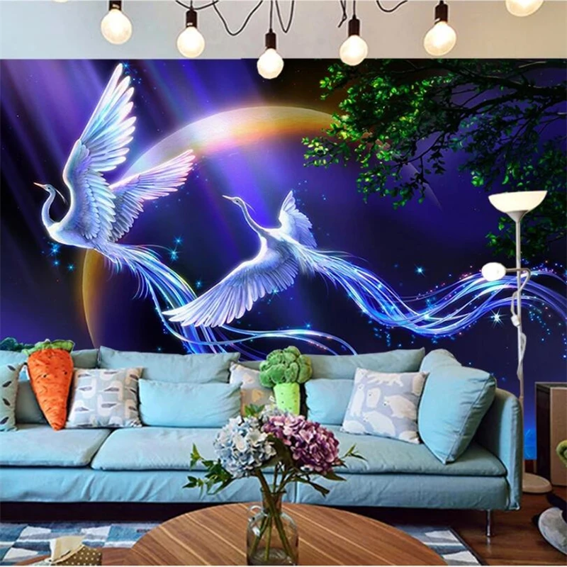 Beibehang-papel-de-parede-Beautiful-dreamy-mood-peacock-crane-living-room-background-wall-custom-large-mural (1)