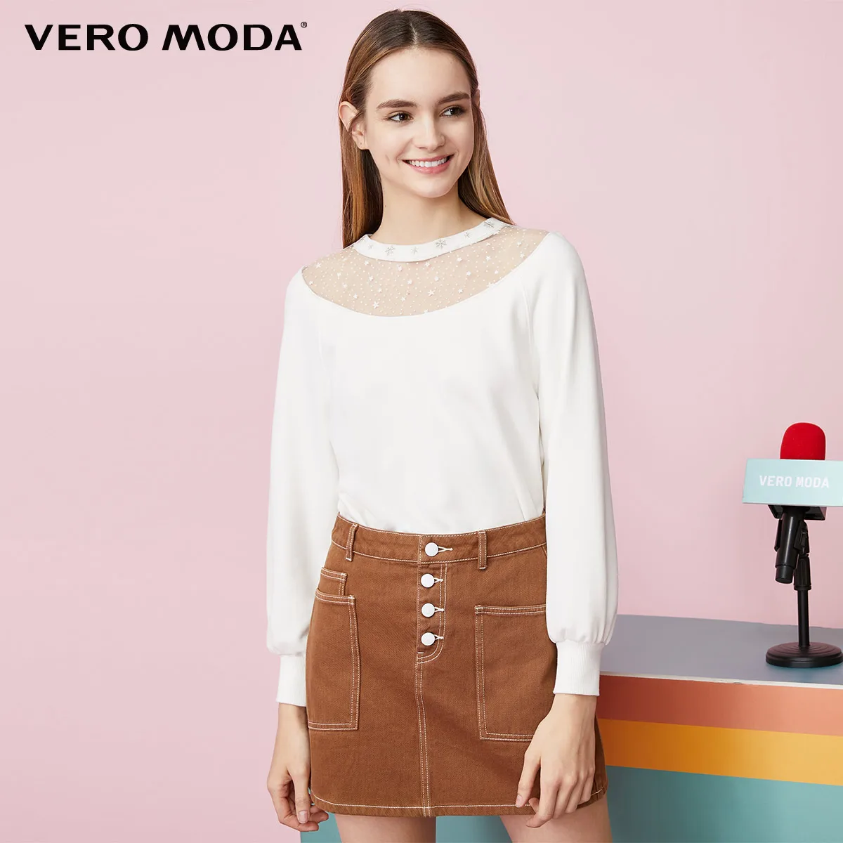 Snow white Vero Moda Ins Стиль Женская спина кружева o-образным вырезом сплайсинга свитшот из ткани | 319333514 - Цвет: Snow white
