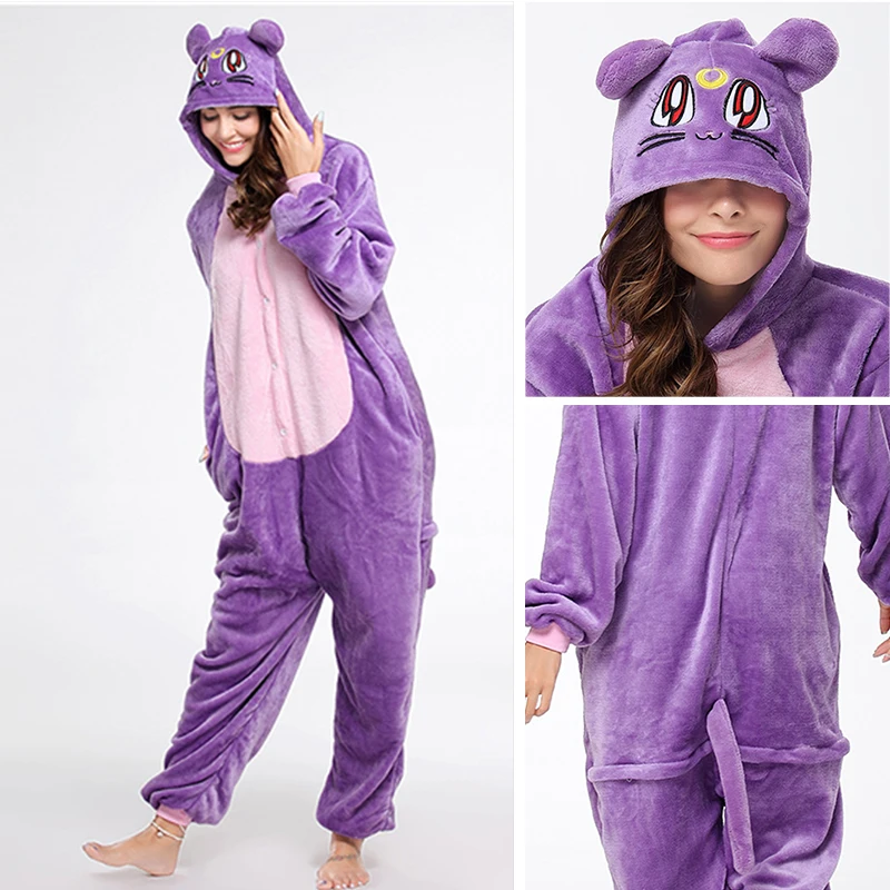 Purple Cat Комплекты пижам с животными, кигуруми, единорог, комплекты пижам, фланелевые милые женские зимние пижамы с единорогом, пижамы для женщин, одежда для сна, домашняя одежда - Цвет: Purple Cat