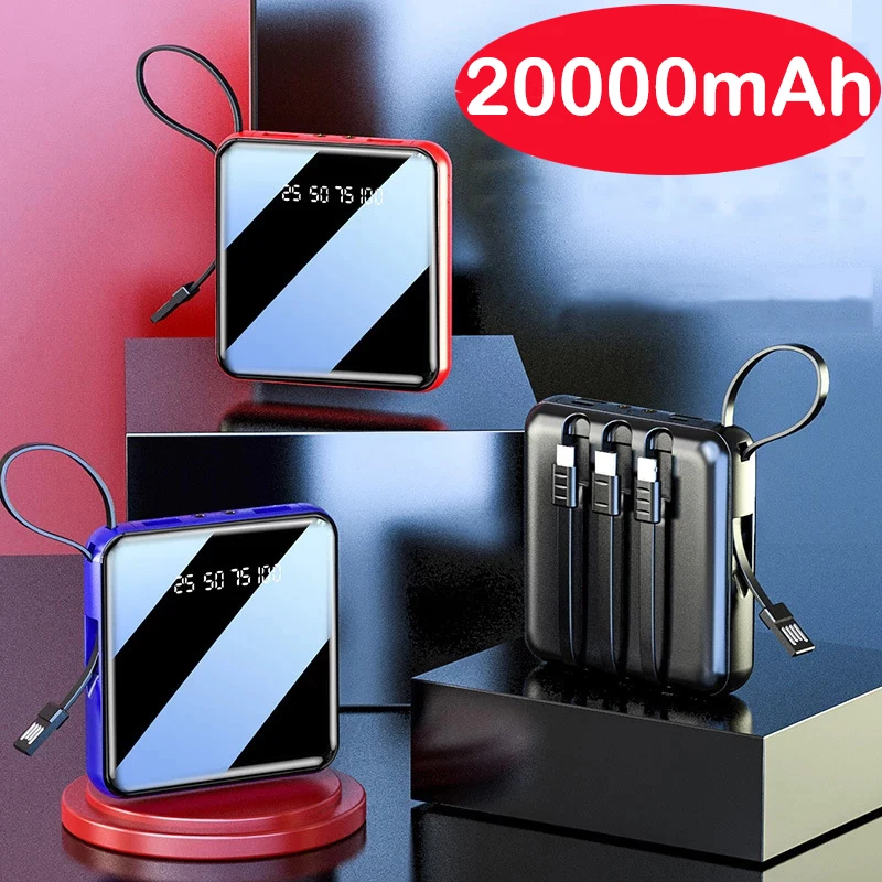 마이크로 USB C 타입 케이블 미니 파워 뱅크, 휴대용 충전기, LED 미러 파워 뱅크, 외부 배터리 팩 파워 뱅크, 20000mAh