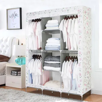 

New Finether Floral Print Double Modular Metal Framed Fabric Wardrobe Closet Large And Medium-sized Cabinets Simple Folding