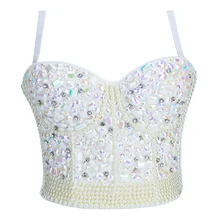 Женские сексуальные топы, жемчуг, стразы, Обрезанные, бюстье, Белый Топ, безрукавка, Rave Festival Club, вечерние топы, нижнее белье, Майки