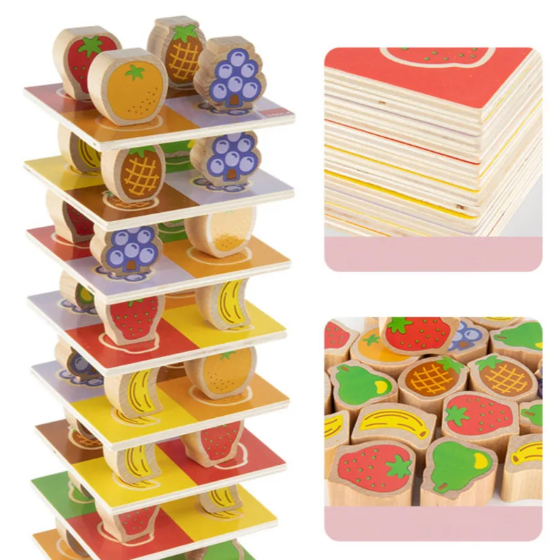 

Children Colorful Fruit Jenga Stacking Building Block Toys Montessori Wooden Educational Fruit Cognition Match Kids Party Games