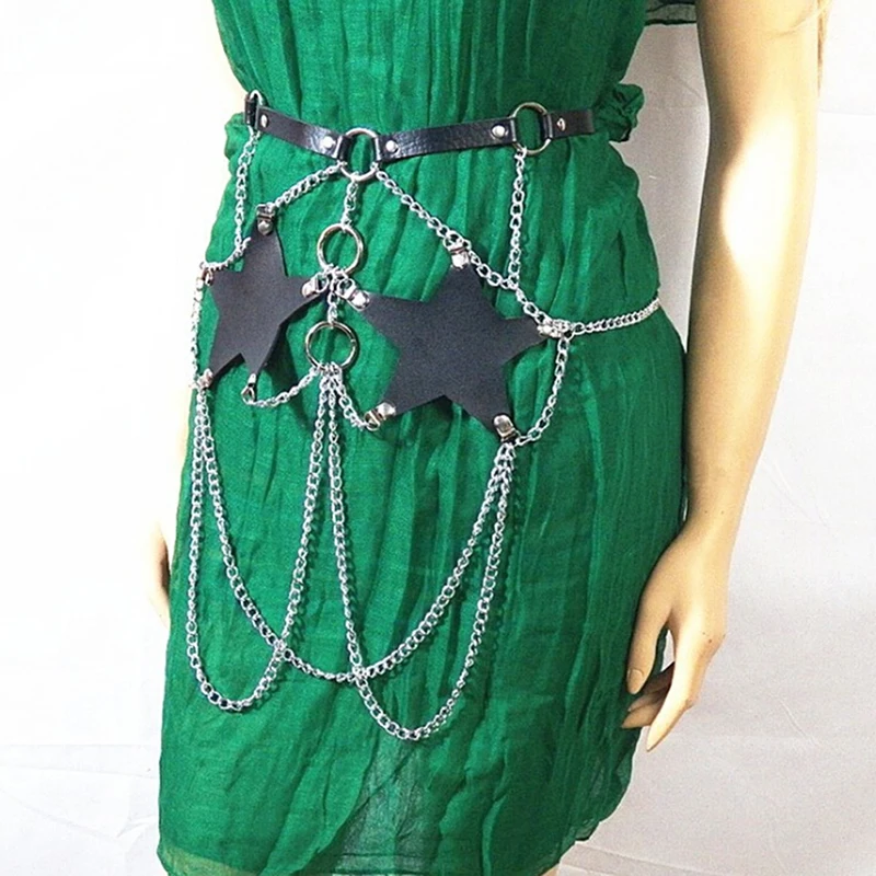 Кожаный поясной ремень ручной работы с пентаграммой, женский сексуальный ремень для связывания тела, готический металлический уплотнительный ремень с кольцами, модный пояс на цепочке