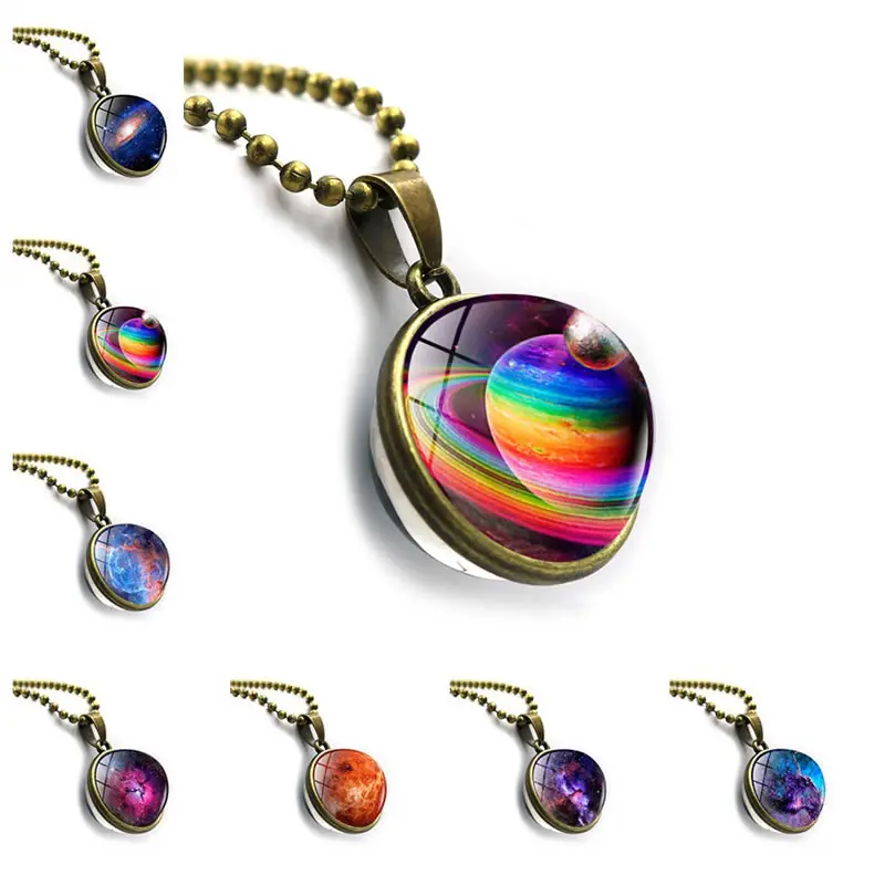 

2020 New Nebula Galaxy Double Sided Pendant Necklace Universe Planet Jewelry Glass Art Picture Handmade Statement Necklace