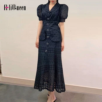 

Korean Women Puff Sleeve Lace Long Dresses Elegant Female Summer Vintage Single Breasted Ruffle Pocket Maxi Shirt Dress Vestidos