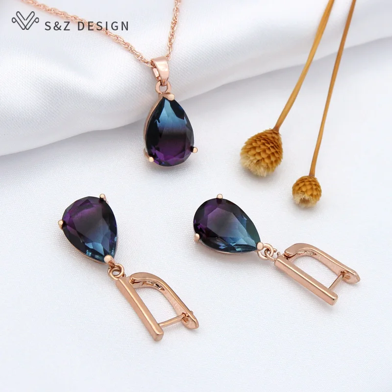 S&Z DESIGN New Fashion Rose Gold Color Water Drop Tourmaline Dangle Earrings Jewelry Sets For Women Party Pendant Necklace Gift