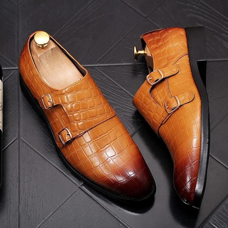 

New Arrival Luxury Mens Leisure Leather Shoes Trending Fashion Designer Pointed Toe Slip On Alligator Monk Shoes For Party