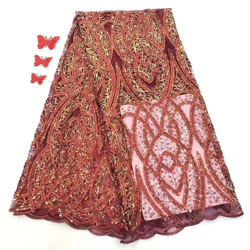 

2020 High Quality African Sequins Lace Fabric French Net Embroidery Tulle Lace Fabric For Nigerian Wedding Party Dress Red