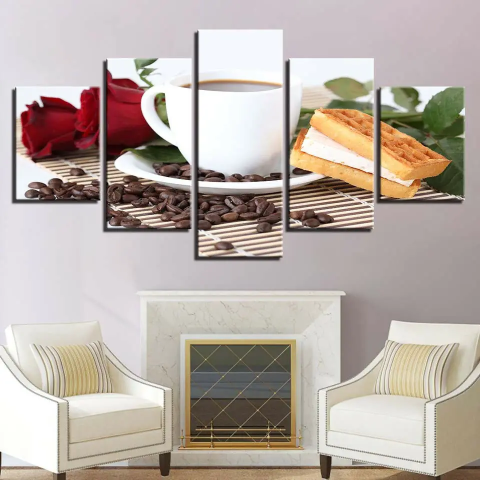 

No Framed Canvas 5Pcs Coffee Bean Red Rose Wall Art Posters Pictures Home Decor Paintings Decorations
