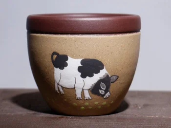 

Chinese Yixing Zisha Pottery Azure Clay Hand Drawing God Lantern Gongfu TeaPot