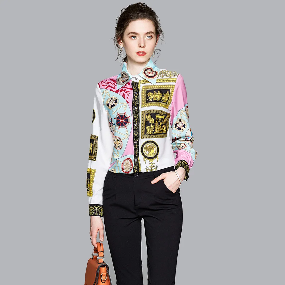 

Flower Print chemise femme Turn Down Collar Elegant blouse women Long Sleeves camisas de mujer White Pink blouses et chemises