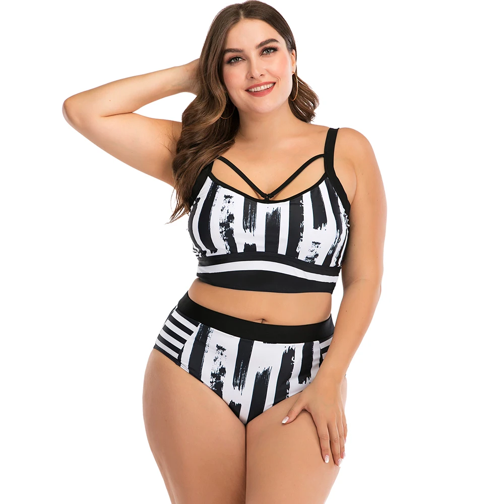 

Lunamy 2020 Black&White Stiped Bikini Set Women Plus Size Swimwear High Waist Two Piece Swimsuit Big Size Biquini Bathing Suit