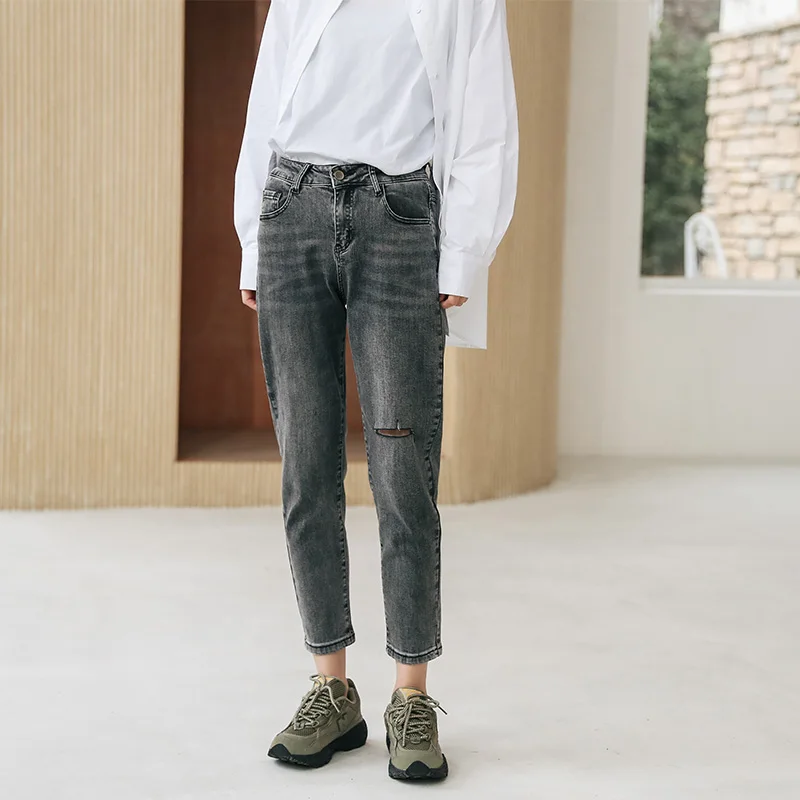 

Casual Woman Jeans 2020 Spring New Stretch Pants Korean-Style Loose Hole Capri-Pants High Waist Jeans Ripped jeans 663G