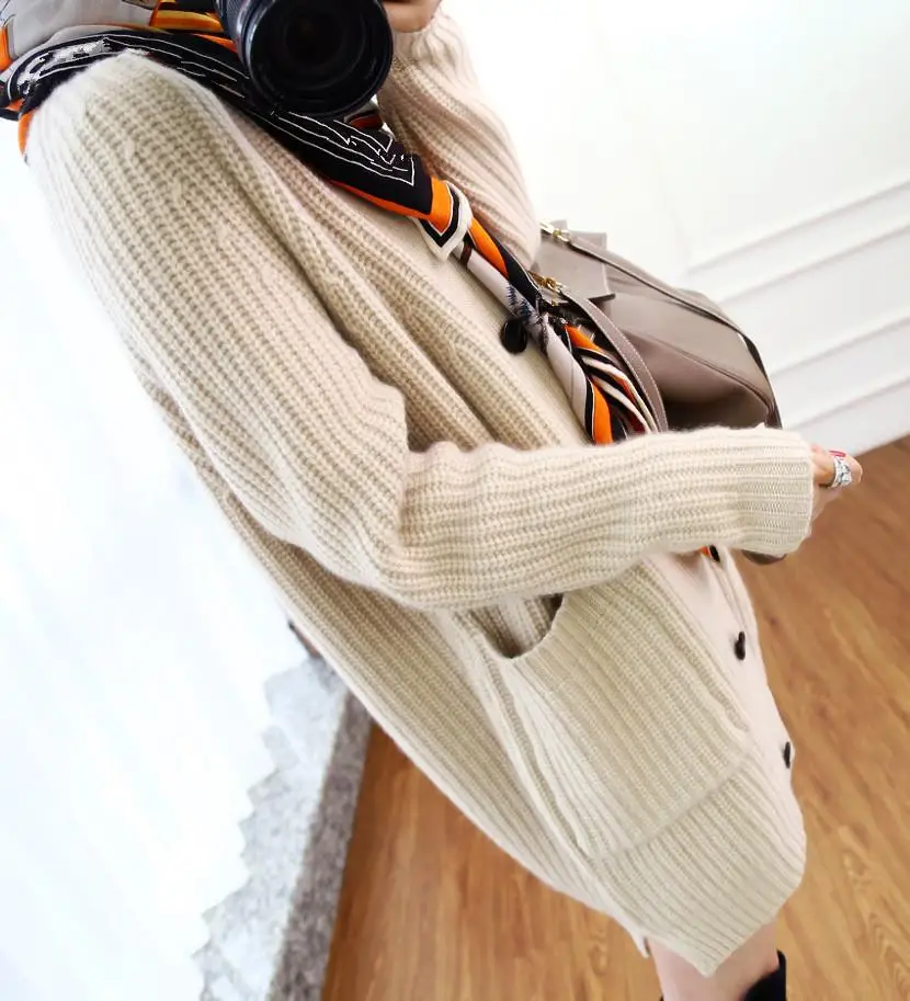 Best Price Winter Thick Knitting Sweaters Coat Office Lady Women V-Neck Knitted Long Cardigan Solid Loose Jumper