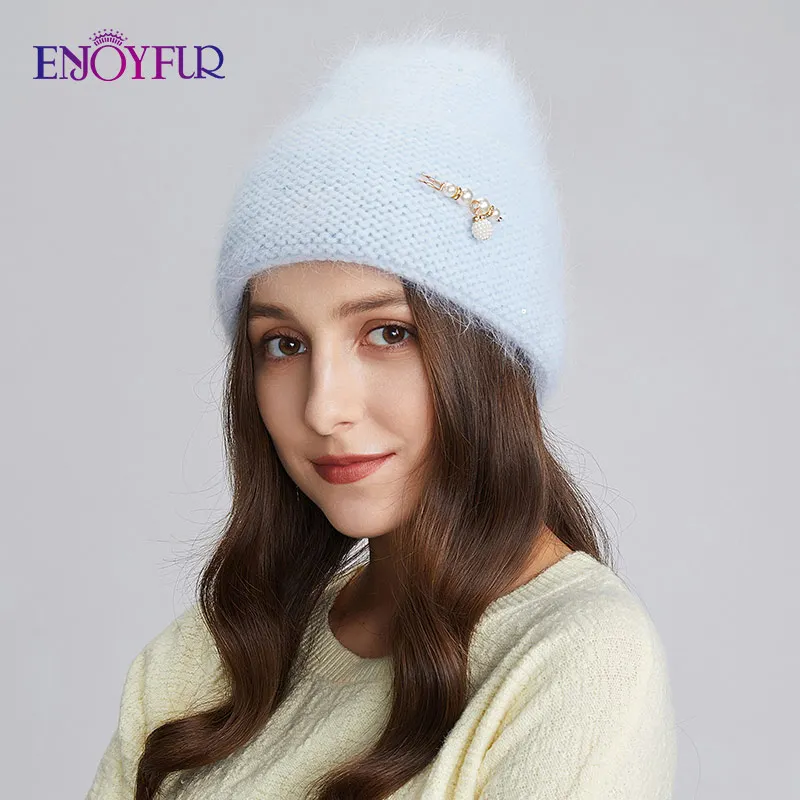 ENJOYFUR Women Winter Warm Knit Hats Real Angora Wool Female Caps Fashion Cuffed Casual Rhinestone Brand Ski Skull Beanies New 2