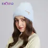 ENJOYFUR Women Winter Warm Knit Hats Real Angora Wool Female Caps Fashion Cuffed Casual Rhinestone Brand Ski Skull Beanies New 2