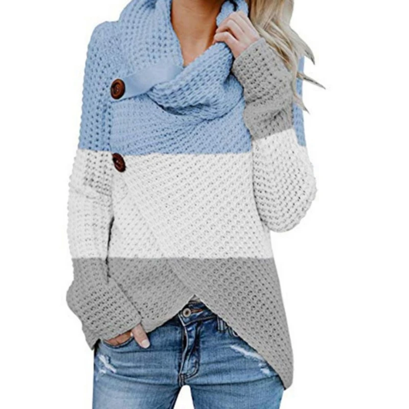 

Women Long Sleeve Chunky Sweater Turtle Cowl Neck Button Pullover Top Color Block Striped Asymmetric Hem Wrap Jumper 2020 New