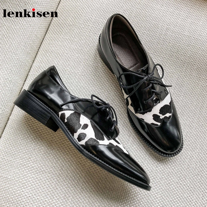 

Lenkisen new British modern mixed colors genuine leather round toe shoes low heels lace up elegant cozy autumn women pumps L71