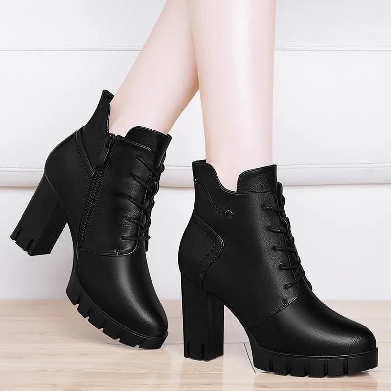 

Centennial 1548 round-Toe Chunky Heel Boots Side Zipper Lace-up Women's Boots Waterproof Platform WOMEN'S Shoes