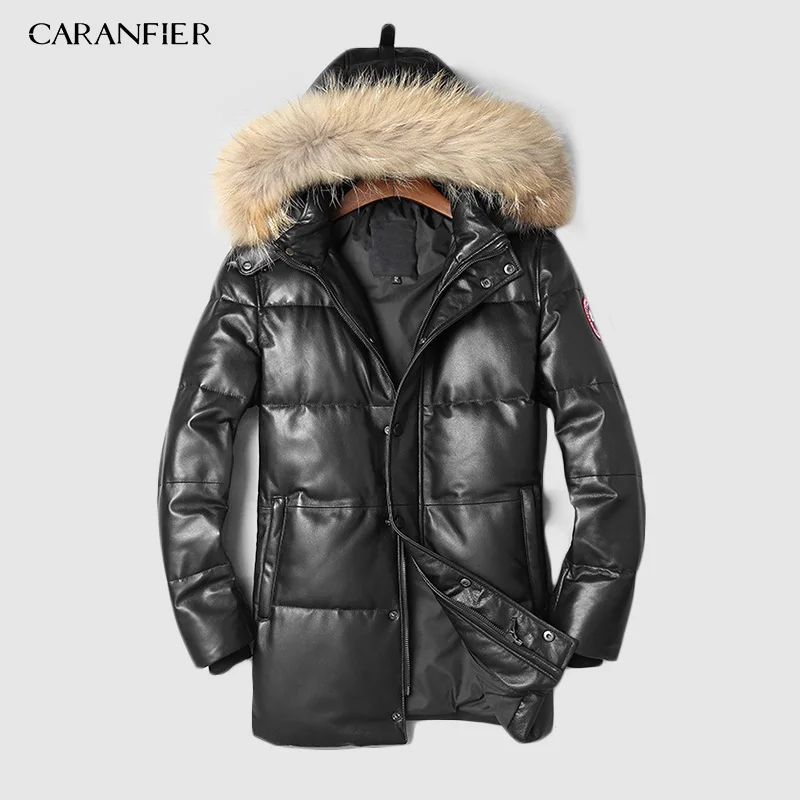 Мужская кожаная куртка с капюшоном CARANFIER толстая из овечьей шкуры на белом утином
