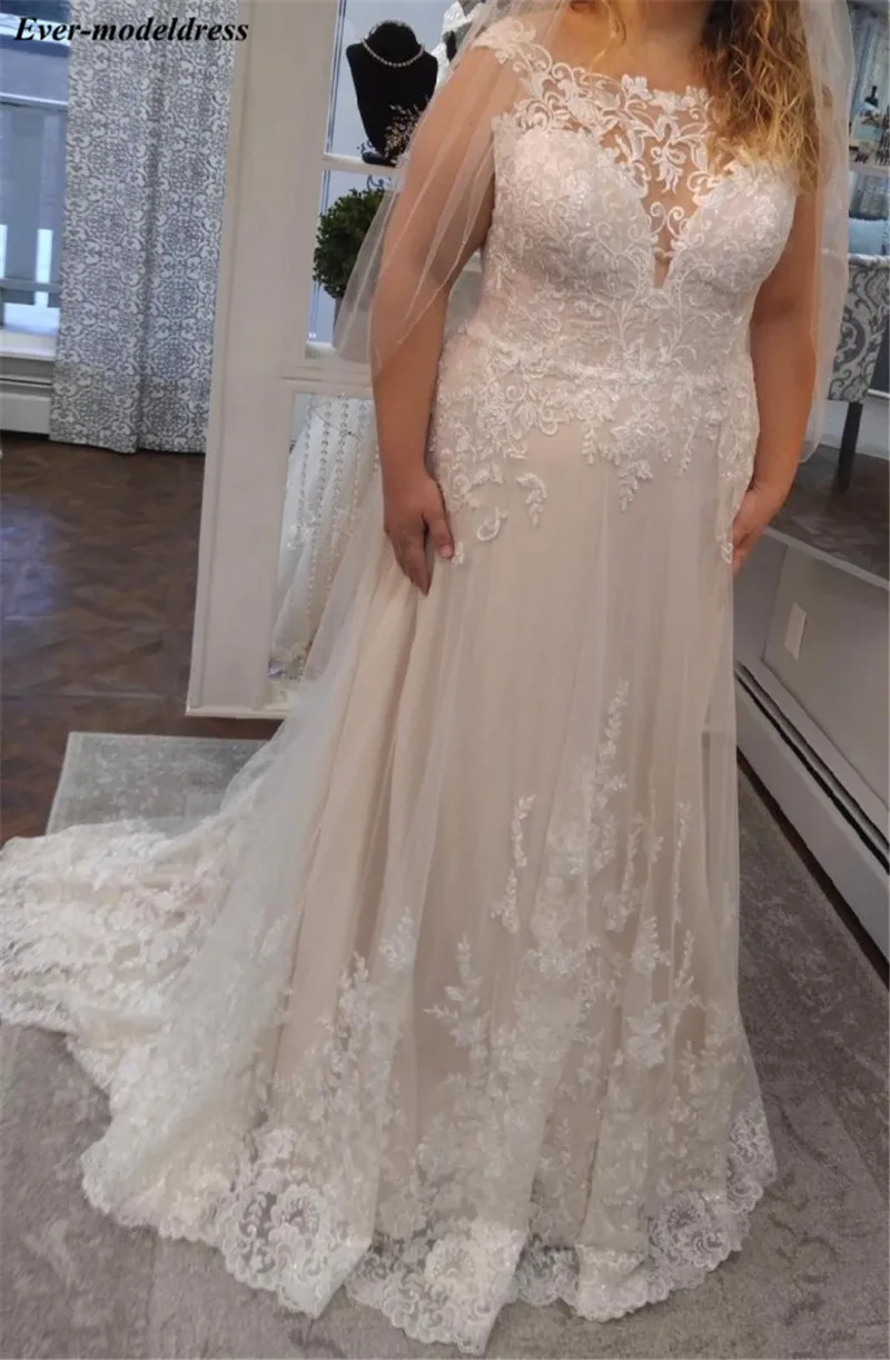 Vestido De Noiva Lace Wedding Dresses Appliques Beaded Pearls Cap Sleeves Sheer O-Neck Plus Size Wedding Gowns Bride Dress