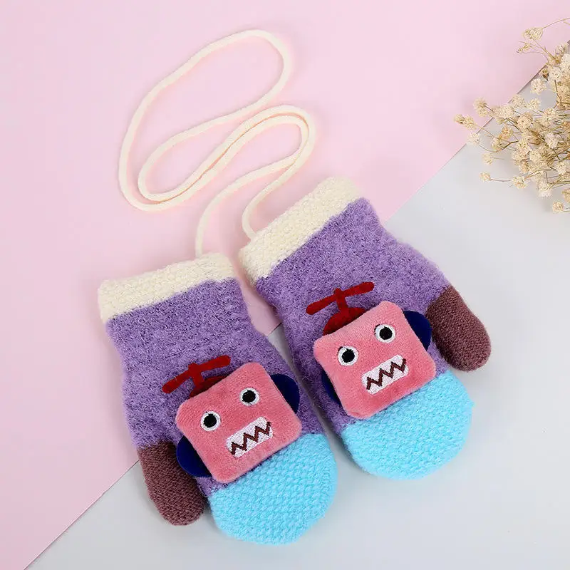 Wecute Cute Cartoon Robot Baby Gloves Winter Wool Plus Thick Full Rope Finger Mittens Warm Knitted Gloves for Kids Boys Girls