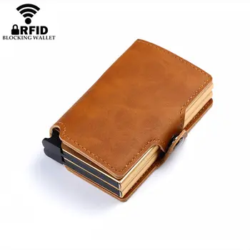 

Bycobecy 2020 Men and Women 2 Metal Credit Card Holder Aluminium RFID Blocking PU Wallet Hasp Mini Vintage Wallet Hold 14 Cards