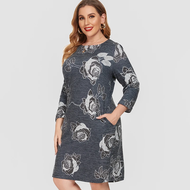 Flower-Dress Long-Sleeve Plus-Size Womens Ladies 5XL 4XL 6XL Fashion Mom Fall Printed