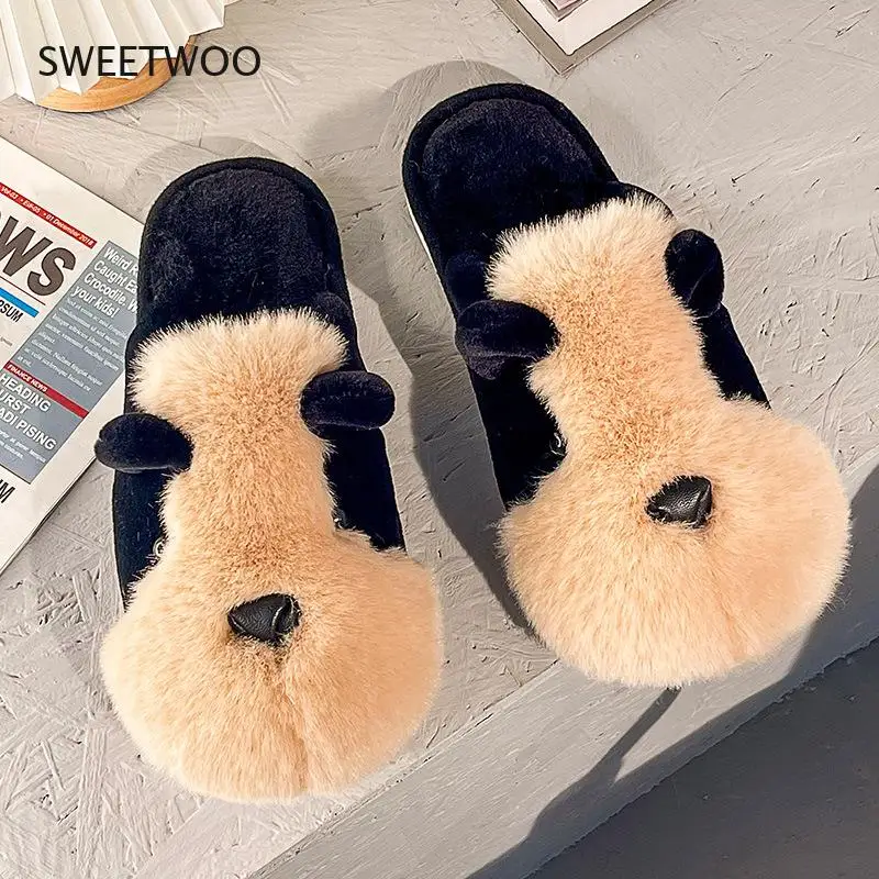 Men Women Fur House Slippers Cotton Warm Shoes Cute Lovely Cartoon Dog Indoor Bedroom Furry Winter Slippers Pair
