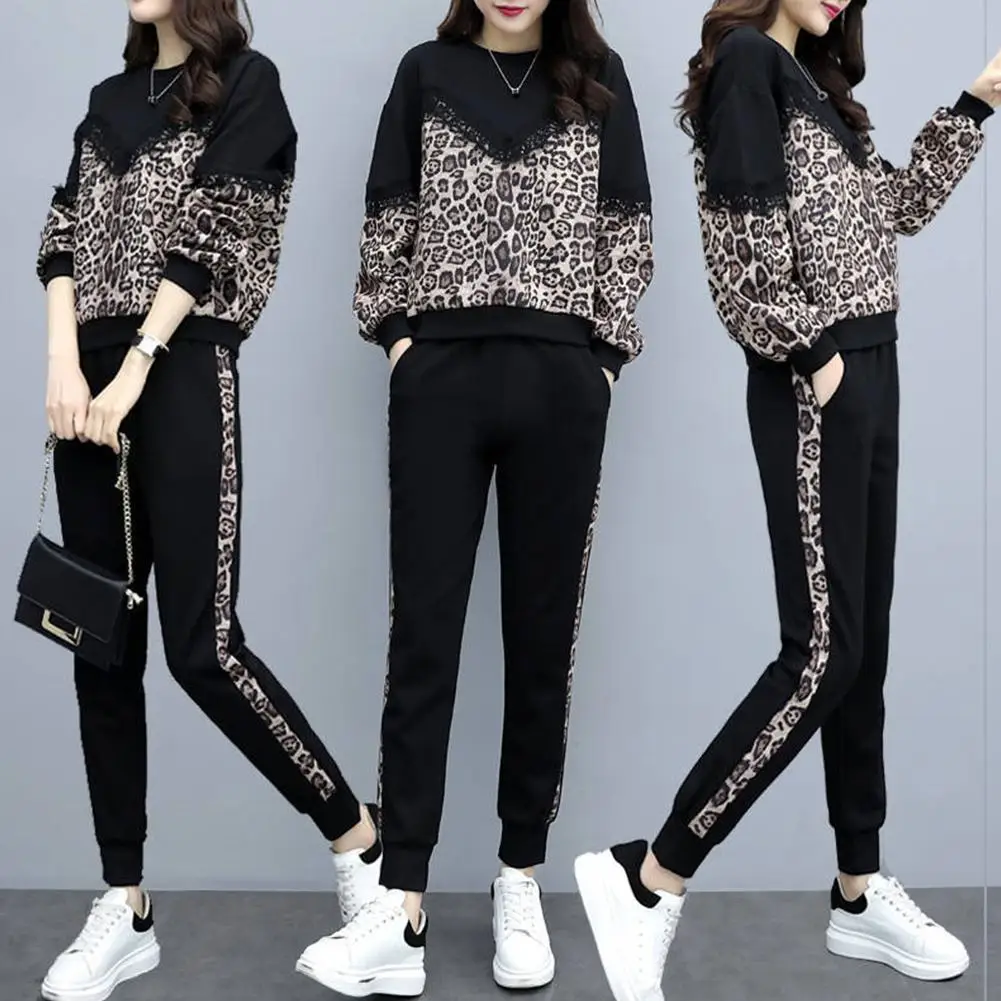 Yfashion Plus Size Two-piece Long-sleeved T-shirt Leopard Lace Casual Pants Loose High Waist Autumn Sports Suit