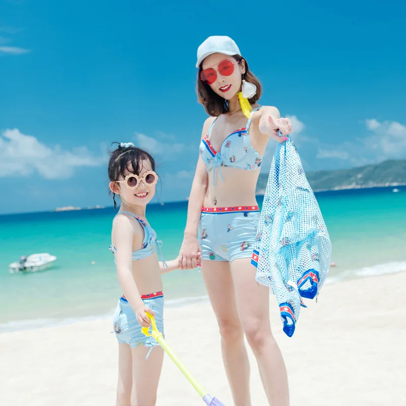 

2018 Qihai Parent And Child-Tour Bathing Suit Bikini Split Type Boxer Three-piece Set Sunscreen Bathing Suit Women's Mother & Da