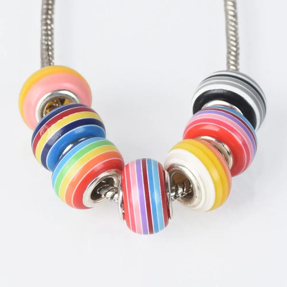 10pcs Random Mixed 14x9mm Round Rainbow Resin Big Hole Beads for Jewelry Making European Charms Bracelet DIY