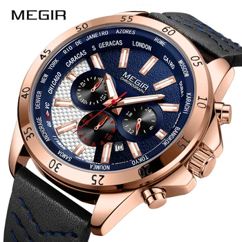 

MEGIR Brand Fashion Luxury Military Sports Quartz Men Watches Leather Belt Calendar Multifunction Waterproof Lumious Wristwatch