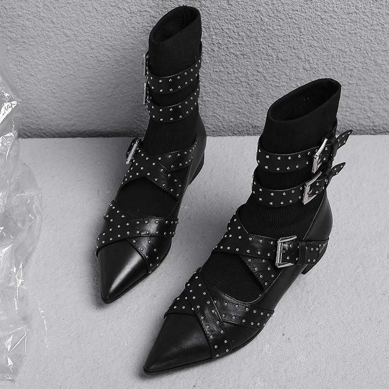 

Genuine Leather Buckle Rivet Knitting Wool Elastic Boots Flat With Sharp Boots