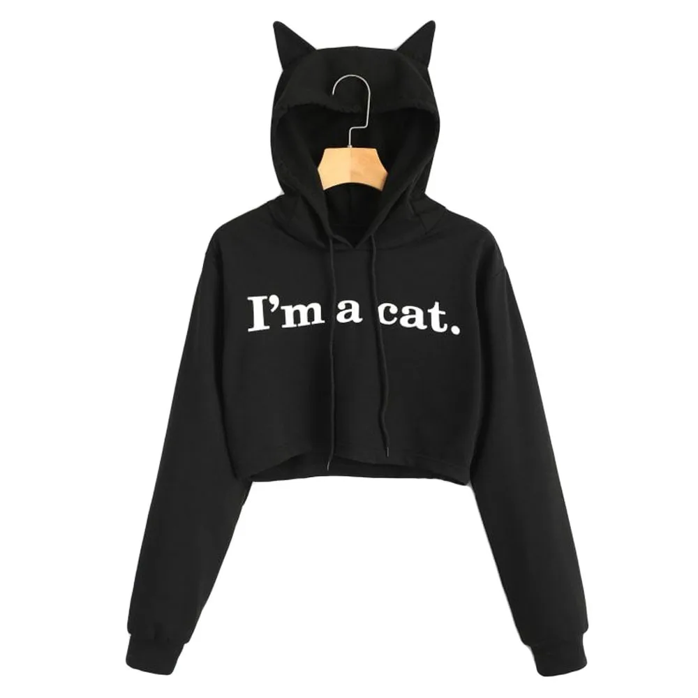 

Long Sleeve Cute Cat Letter Print Hooded Drawstring Raglan Sweatshirt Black sweatershirt Oversize Women Loose Pullover Jumper