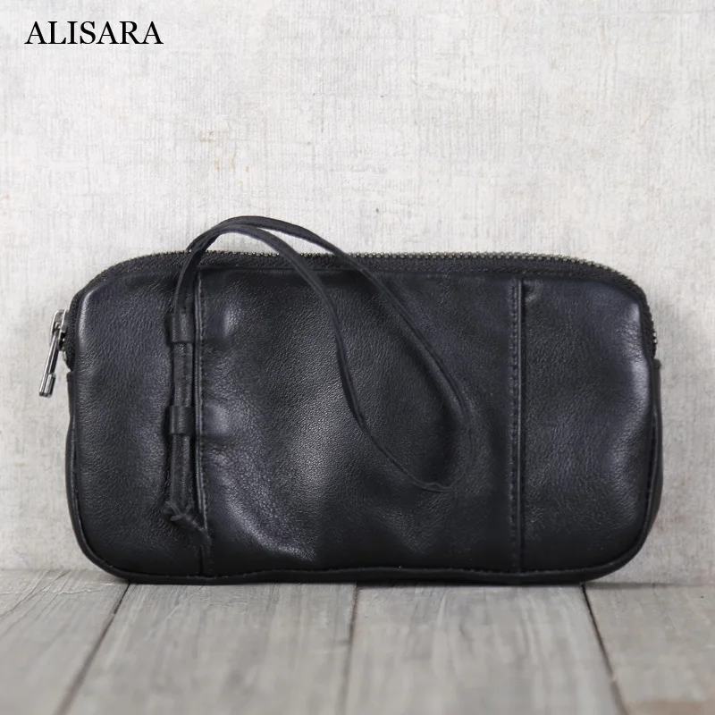 

Alisara Men Phone Purses First Layer Cow Leather Male Zipper Long Wallet Casual Clutch Bag Women Simple Hand Bag Organizer Pouch