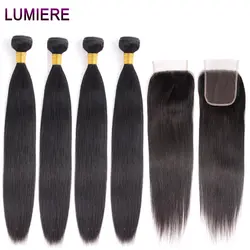 Lumiere волосы, индийские волосы переплетения пучки прямые волосы пучки с закрытием не Реми человеческие волосы 4 пучка с 4X4 закрытие 1B