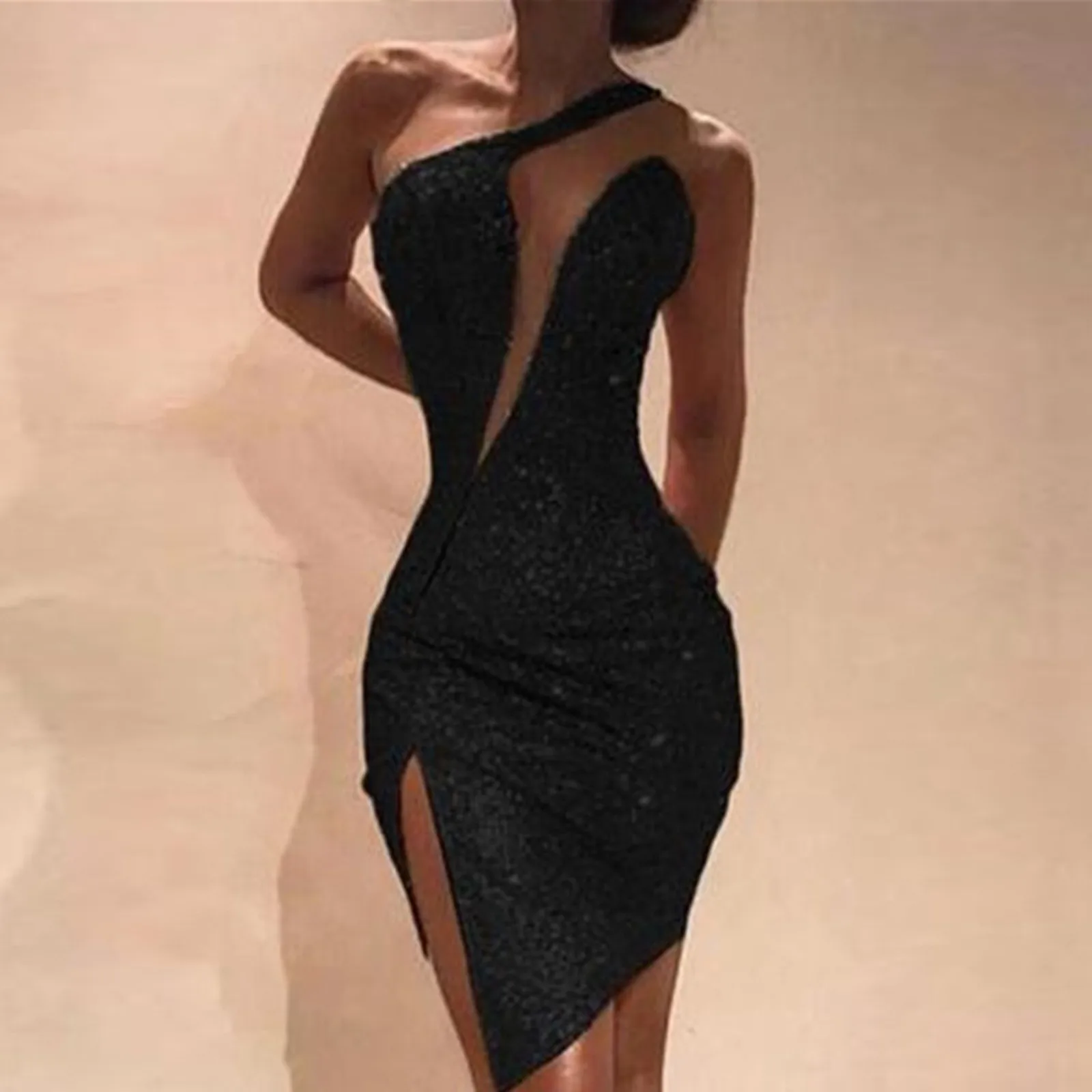 Summer Fashion Lady Beautiful Leisure Sexy Women Sexy Clod Shoulder Sequins Split Sleeveless Nightclub Party Mini Dress Mujer 2